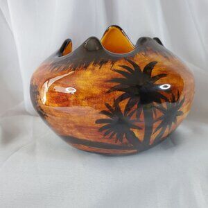 Vintage 1980s Art Pottery Planter Desert Landscape & Palm Tree Design Signed